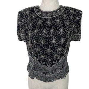 Papell Boutique Evening Vintage Womens Blouse Size L Black Beaded Floral Silk